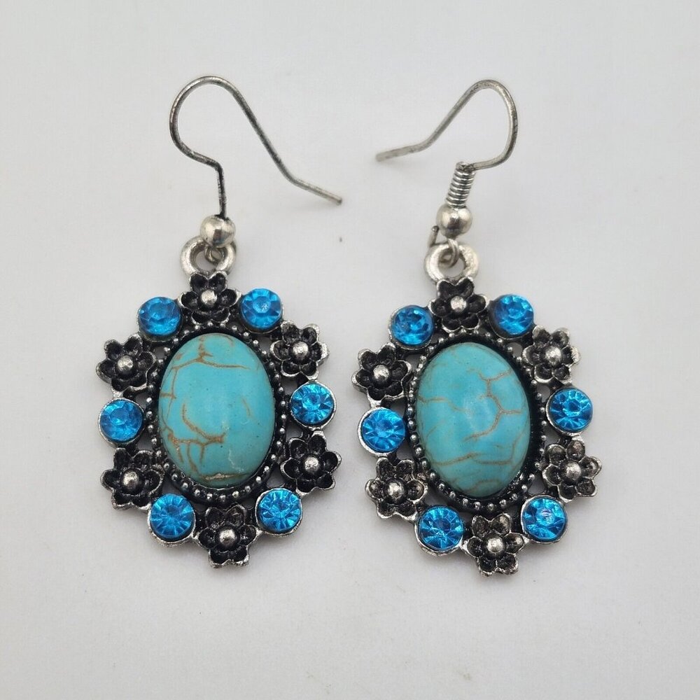 Faux Turquoise Blue Rhinestone Dangle Earrings